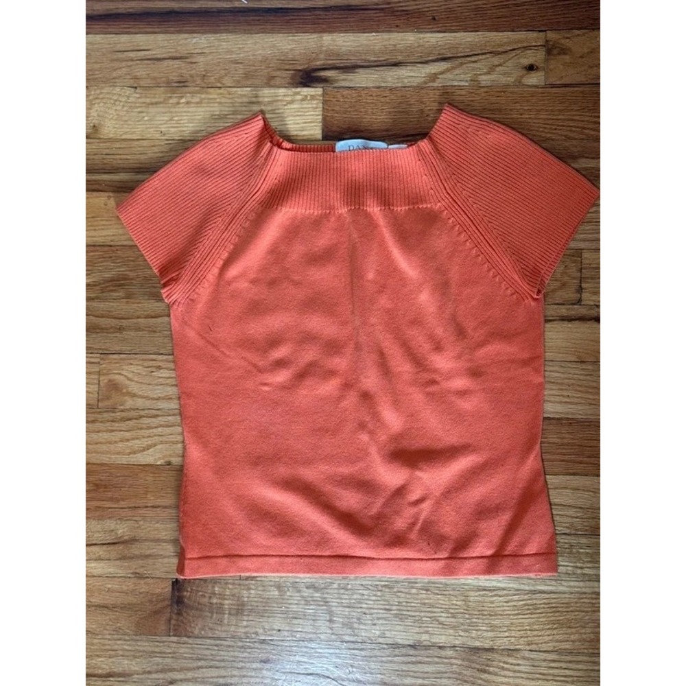 Dana Buchman Short‎ Sleeve Knit Sweater Top Boatneck Ribbed Coral Orange small